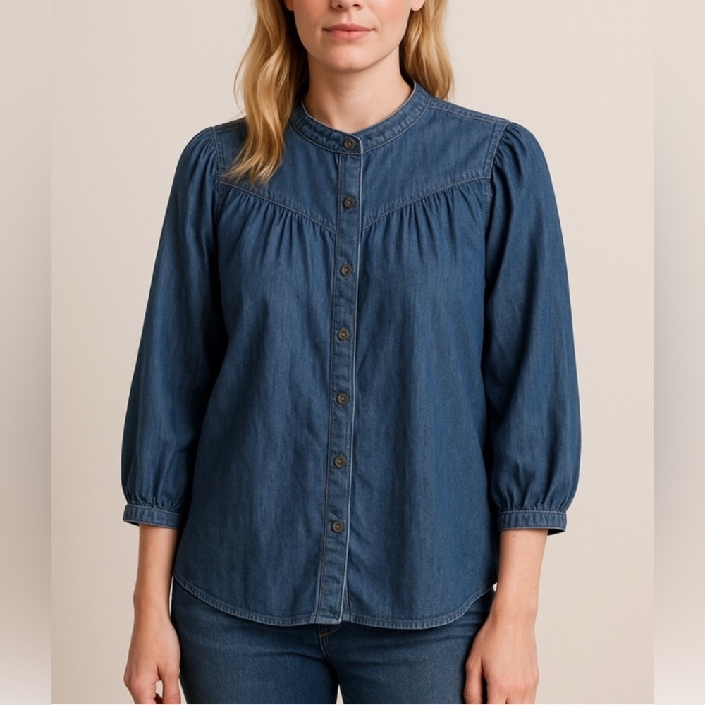 J. McLaughlin Poppy Linen Blend Denim Snap Front Top in‎ Chambray Blue Women’s M